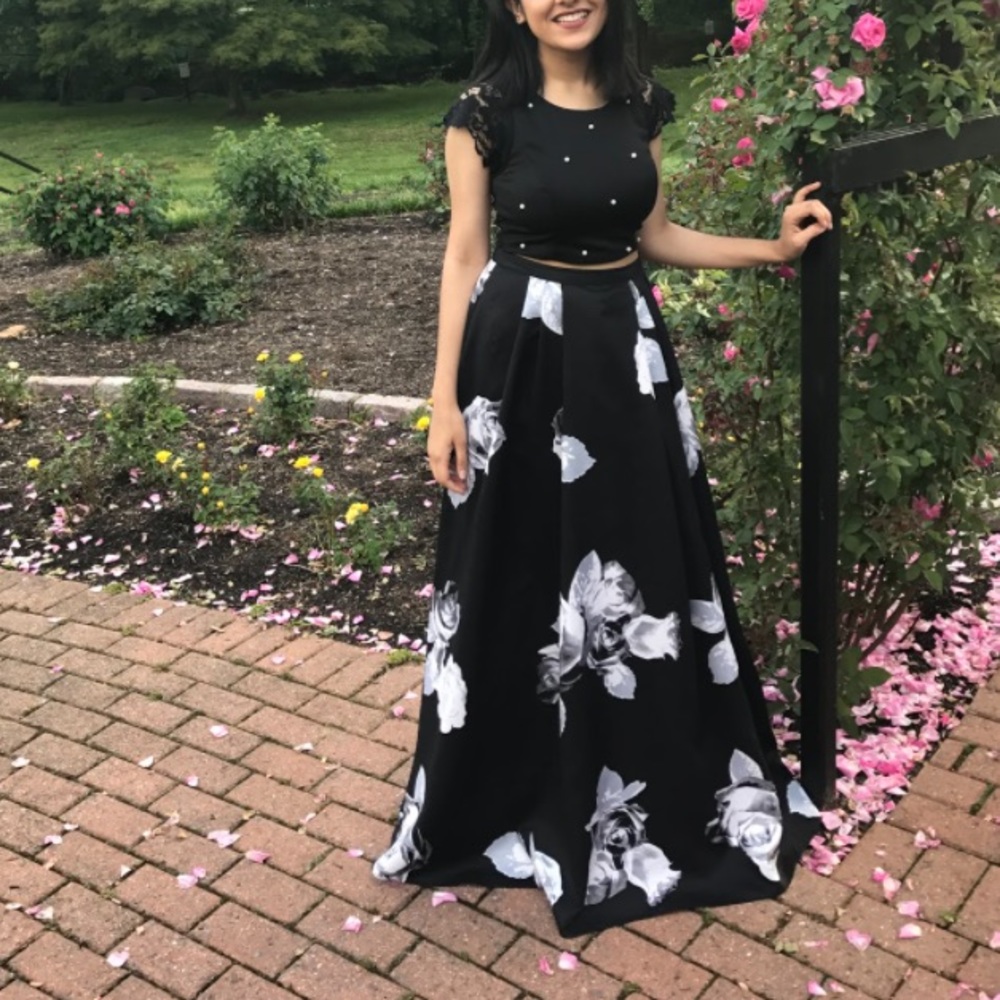 Two piece pearl and floral prom dress